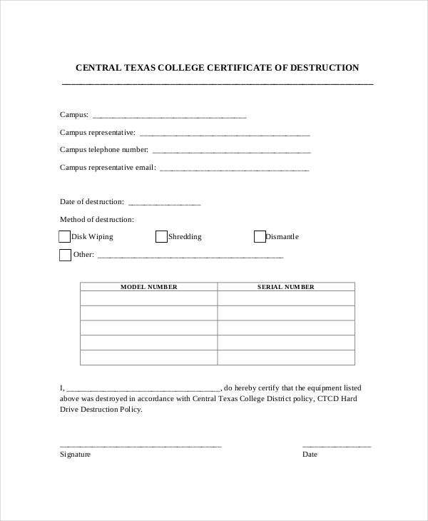 12+ Certificate Of Destruction Template Pdf, Word, Ai Within Quality Free Certificate Of Destruction Template