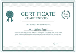 7 Free Sample Authenticity Certificate Templates Printable Throughout Free Art Certificate Templates