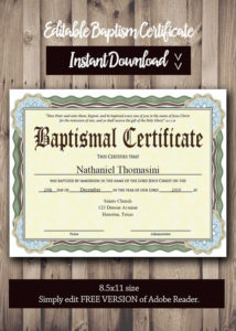 Baptism Certificate Template Pdf Adobe Reader Editable File Printable Certificate Template Instant Download Intended For Baptism Certificate Template Download
