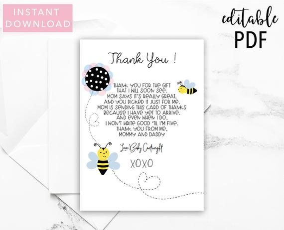 Bee Baby Shower Thank You Template, Baby Shower Thank You Cards, 5&quot;X7&quot;, Instant Download, Editable Text And Printable Regarding Thank You Card Template For Baby Shower