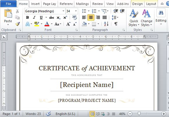 Certificate Of Achievement Template For Word 2013 Throughout Quality Word 2013 Certificate Template