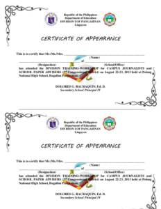 Certificate Of Appearance Template (6) Templates Example With 11+ Certificate Of Appearance Template