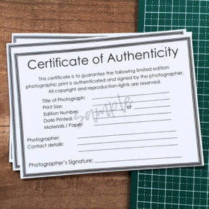 Certificate Of Authenticity Pdf For Photographic Prints / Fine Art Photography With Room For Photographer / Artist Details Within Certificate Of Authenticity Photography Template