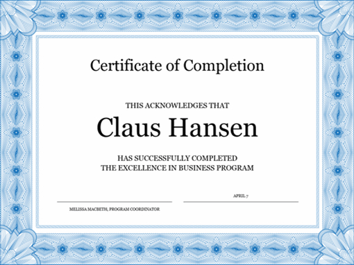 Certificate Of Completion (Blue) Intended For Certificate Of Completion Word Template