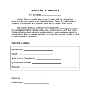 Certificate Of Compliance Template (4) Templates Example Intended For Printable Certificate Of Compliance Template
