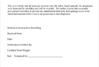 Certificate Of Disposal Template (6) Templates Example With Regard To Free Certificate Of Destruction Template