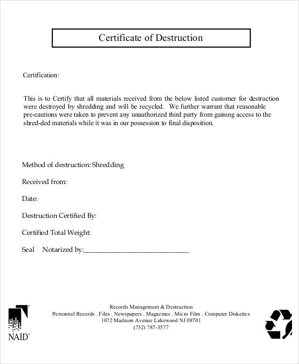 Certificate Of Disposal Template (6) Templates Example With Regard To Free Certificate Of Destruction Template
