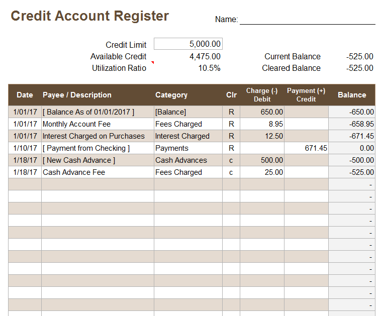 Credit Account Register Template In Quality Credit Card Statement Template Excel