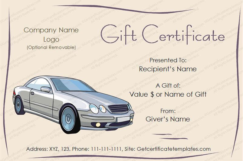 Customizable Motor Car Gift Certificate Template Inside Automotive Gift Certificate Template