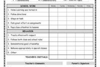 Daily Progress Report Forms Kindergarten 6Th Grade Regarding Free Daily Report Card Template For Adhd