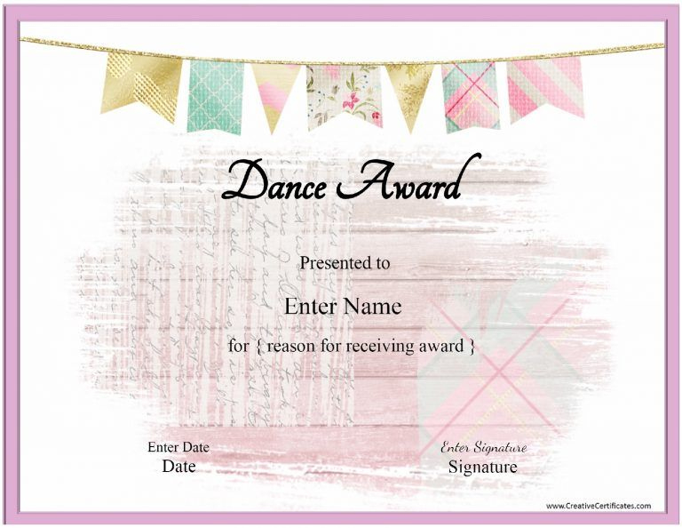 Dance Certificate Template With A Pink Banenr And A Pink Inside Dance Certificate Template