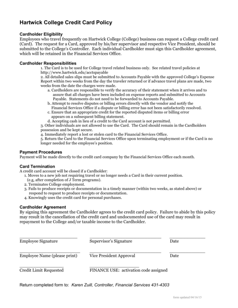 Employee Credit Card Agreement Template Word Uk Hartwick Throughout Printable Corporate Credit Card Agreement Template