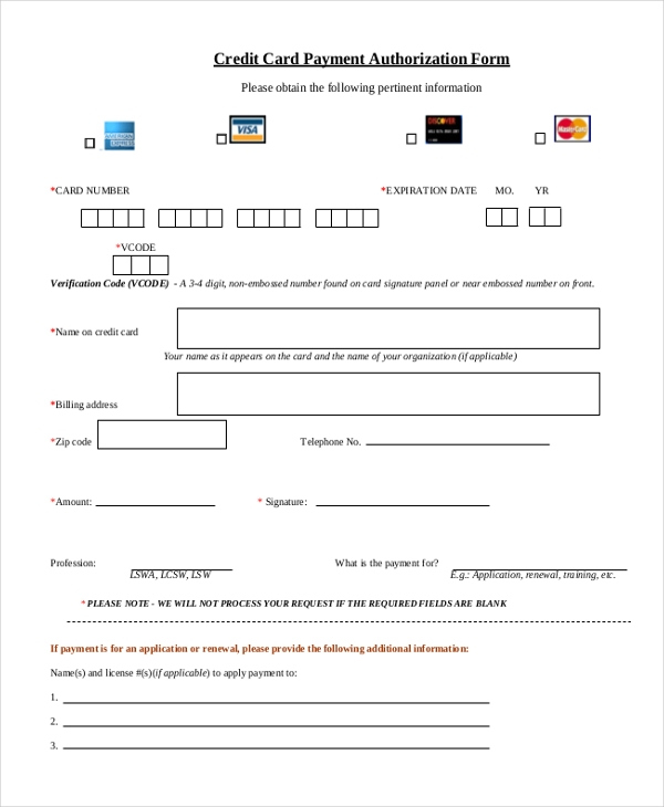 Free 13+ Sample Credit Card Authorization Forms In Pdf | Ms Throughout Credit Card Payment Form Template Pdf