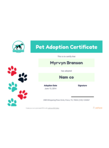 Free Pet Adoption Certificate Template Pdf Templates | Jotform With Regard To Pet Adoption Certificate Template