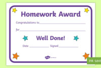 Homework Award A5 Certificate Template | F 2 (Teacher Made) In Classroom Certificates Templates