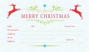 Jumping Reindeers Christmas Gift Certificate Doc Formats Within Quality Merry Christmas Gift Certificate Templates