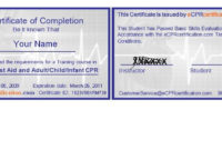 Online Cpr & First Aid Certification Certificate Sample For Cpr Card Template