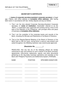 Philippines Secretary&amp;#039;S Certificate Form Download Printable Within Corporate Secretary Certificate Template