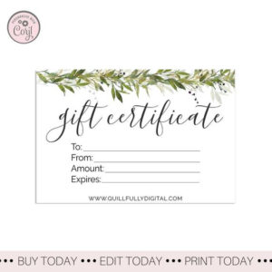 Printable Gift Certificate Template Diy Greenery Gift Card Etsy Gift Certificate Custom Gift Card Design Set Of 3 Greenery Card Inserts For Homemade Gift Certificate Template