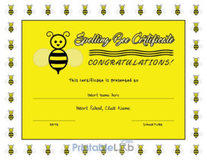 Printable Spelling Bee Certificate Sample In Yellow, Laser With Free Spelling Bee Award Certificate Template