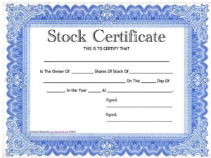 Printable Stock Certificate Blue Frame , Stock Certificate Intended For Stock Certificate Template Word