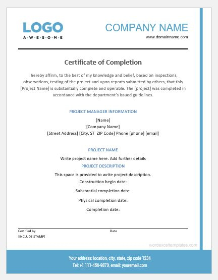 Project Completion Certificate Templates | Word & Excel For Certificate ...