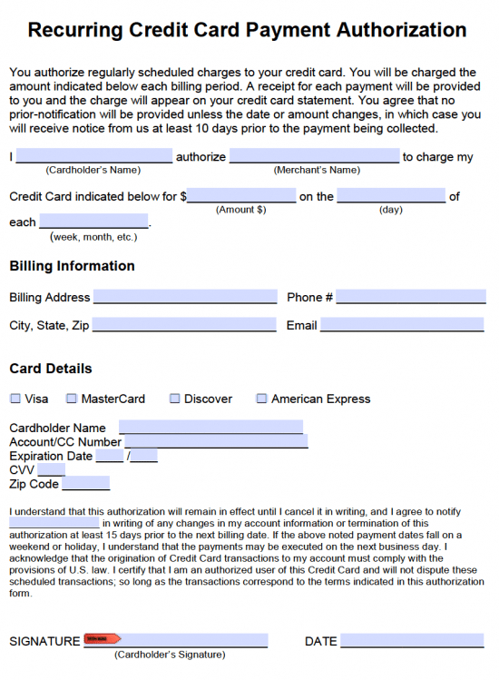 Recurring Credit Card Payment Authorization Form Inside Credit Card Payment Form Template Pdf