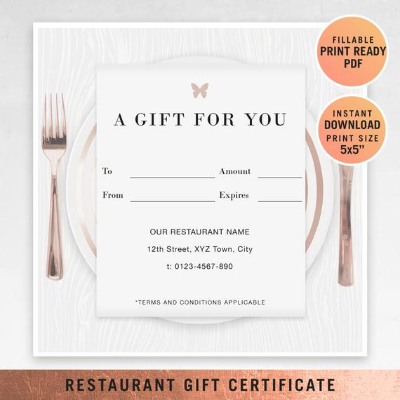 Restaurant Fillable Gift Certificate Template, A Gift For You, Gift Voucher, Gift Certificate Printable, Pdf, Dining Voucher Template For Restaurant Gift Certificate Template