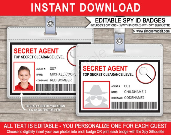 Spy Birthday Party Badge Secret Agent Badge Printable Id Badge Template Instant Download With Editable Text You Personalize At Home Throughout Spy Id Card Template