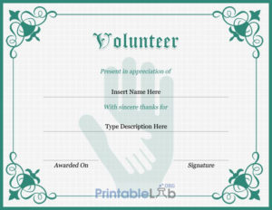 Volunteer Certificate Sample In Silver, Sea Green And Onahau Within Free Volunteer Certificate Template