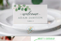 Wedding Place Card Template Tent | Eucalyptus Leaves Pertaining To Quality Table Place Card Template Free Download