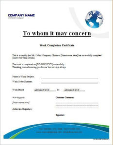 Work Completion Certificate Template For Ms Word Regarding 11+ Certificate Template For Project Completion
