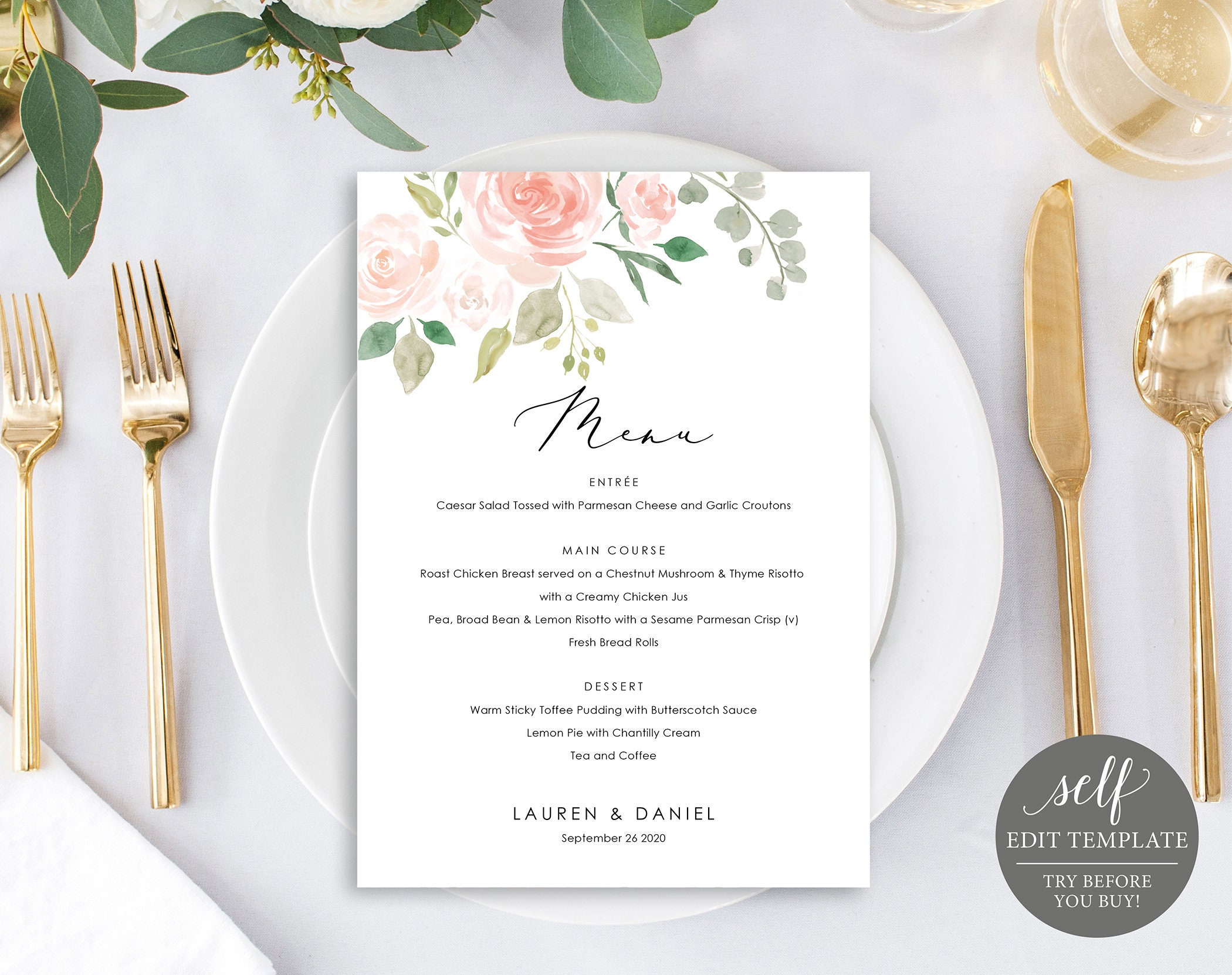 Floral Wedding Menu Template, Dessert Menu Printable, 100% Editable for Menu Template Free Printable