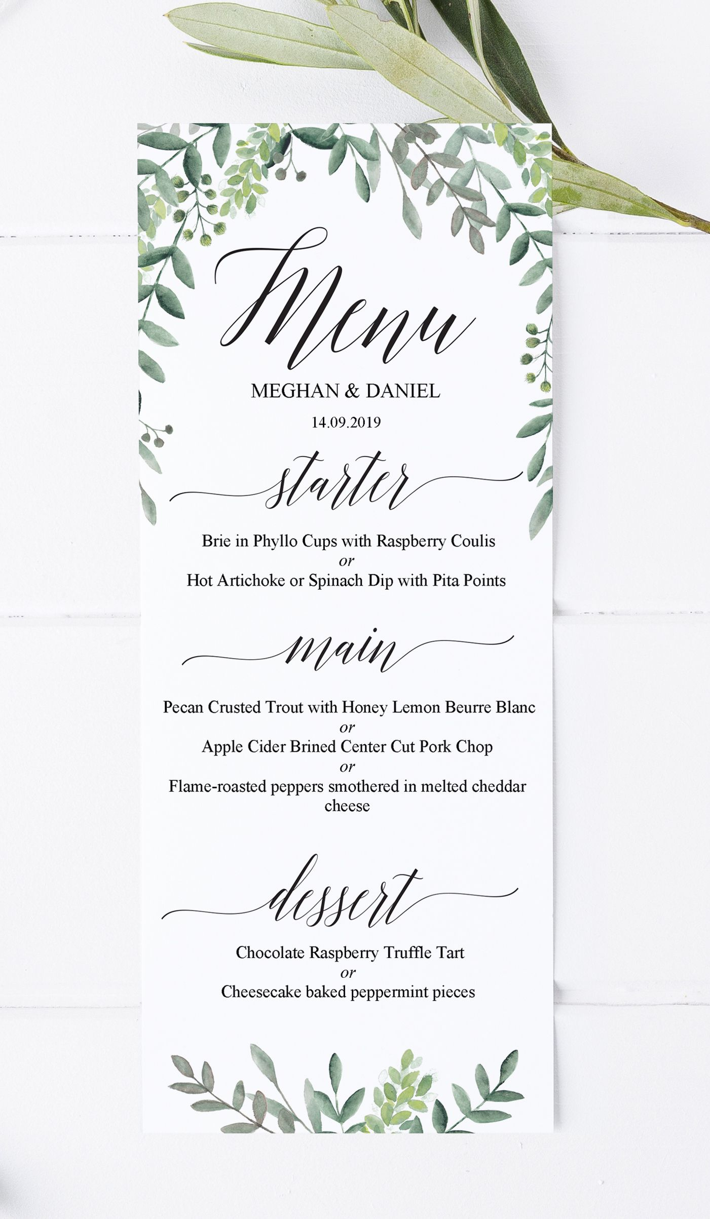 Greenery Wedding Menu Template, Editable Printable Wedding Dinner Menu in Fantastic Free Printable Menu Templates For Wedding