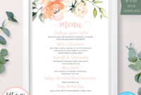 Peach Floral Menu Sign Template For Baby Shower, 8X10 Menu, Editable throughout Baby Shower Menu Template Free