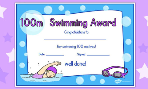 100M Swimming Certificate with Swimming Achievement Certificate  Printable