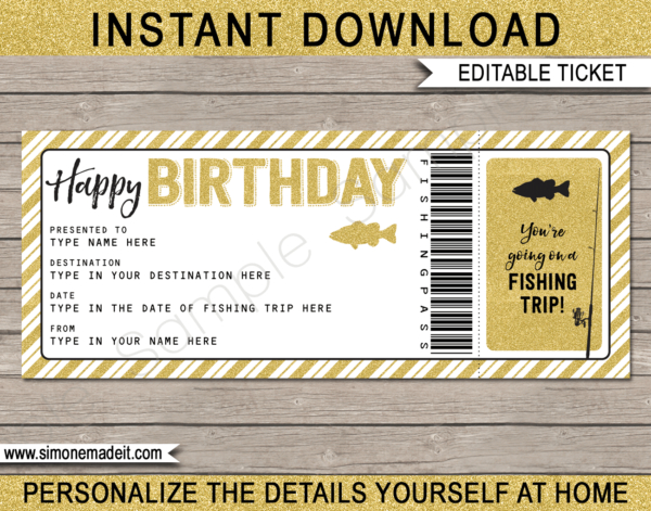 Birthday Fishing Trip Ticket Gift Voucher | Printable Certificate Template throughout Best Fishing Gift Certificate Editable Templates