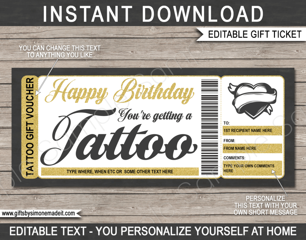 Birthday Tattoo Gift Certificate Template | Diy Printable Gift Voucher pertaining to Fascinating Tattoo Gift Certificate Template Coolest Designs