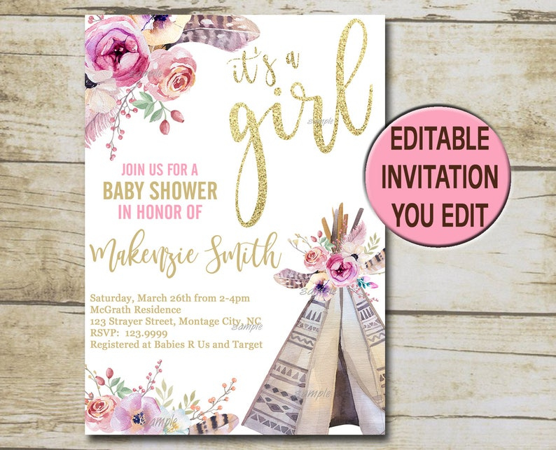 Boho Teepee Baby Shower Invitation Template Editable Floral | Etsy pertaining to Fantastic Baby Shower Gift Certificate Template  7 Ideas