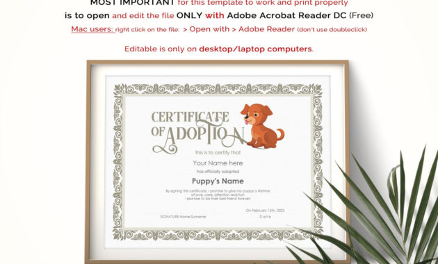 Editable Certificate Of Adoption Dog Template Printable Pet | Etsy throughout Fantastic Dog Adoption Certificate Editable Templates