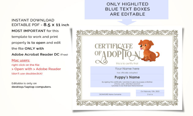 Editable Certificate Of Adoption Dog Template Printable Pet | Etsy with regard to Dog Adoption Certificate Editable Templates