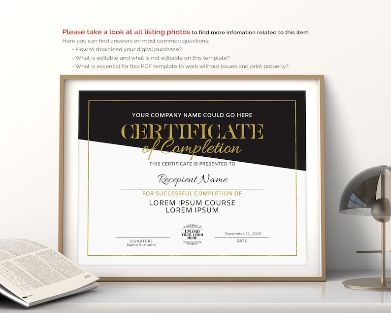 Editable Certificate Of Completion Corporate Award | Etsy regarding Completion Certificate Editable