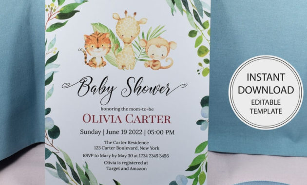 Safari Baby Shower Card Template Editable Baby Shower | Etsy with Baby Shower Gift Certificate Template