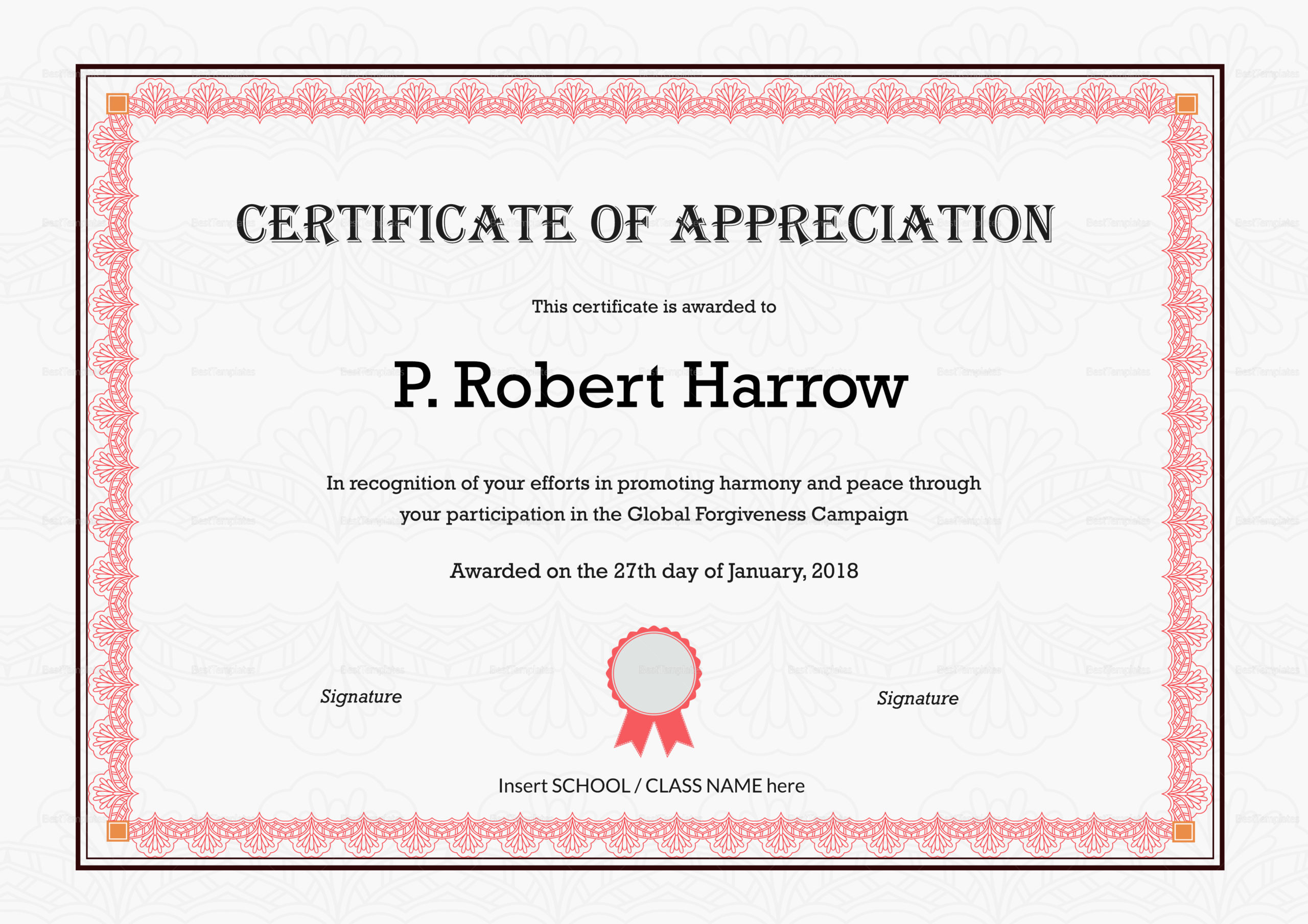 School Appreciation Certificate Design Template In Psd, Word intended for Free Certificate Of Appreciation Template Word