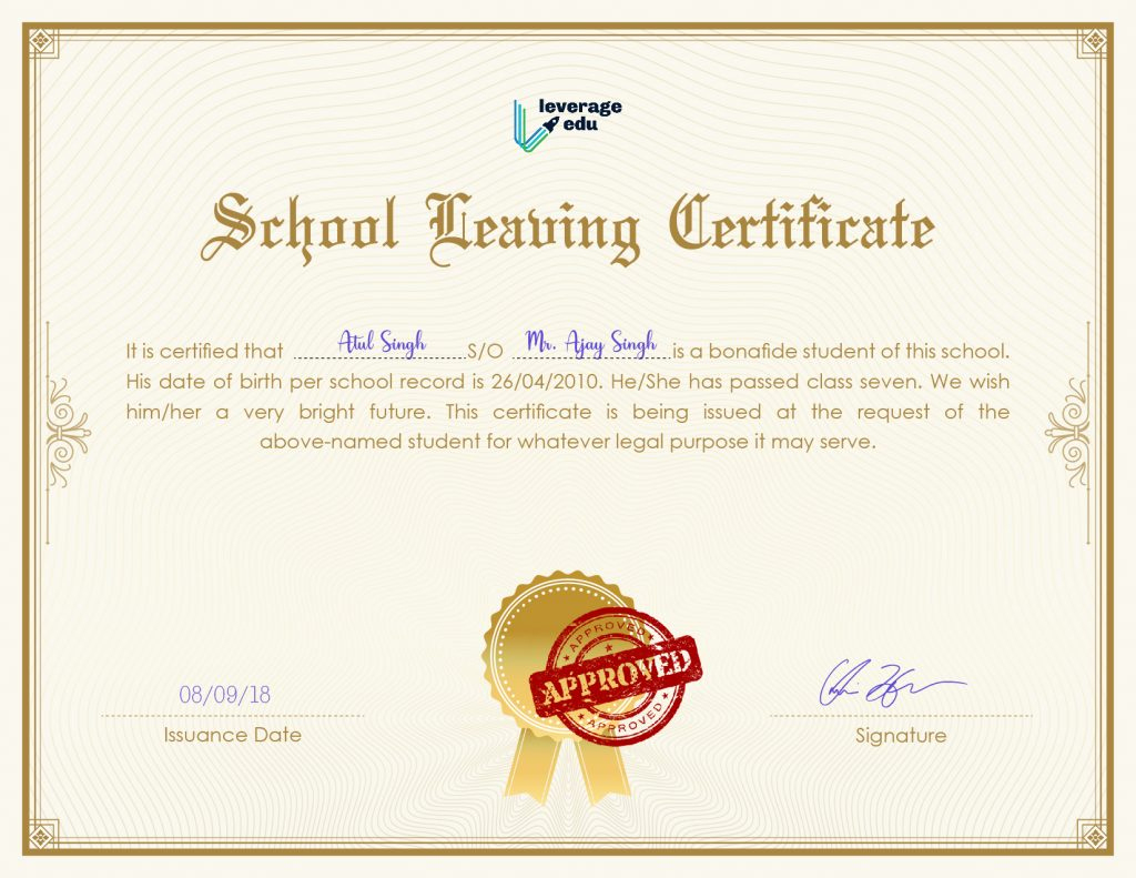 School Leaving Certificate: Format And Sample - Leverage Edu throughout Amazing Academic Certificate
