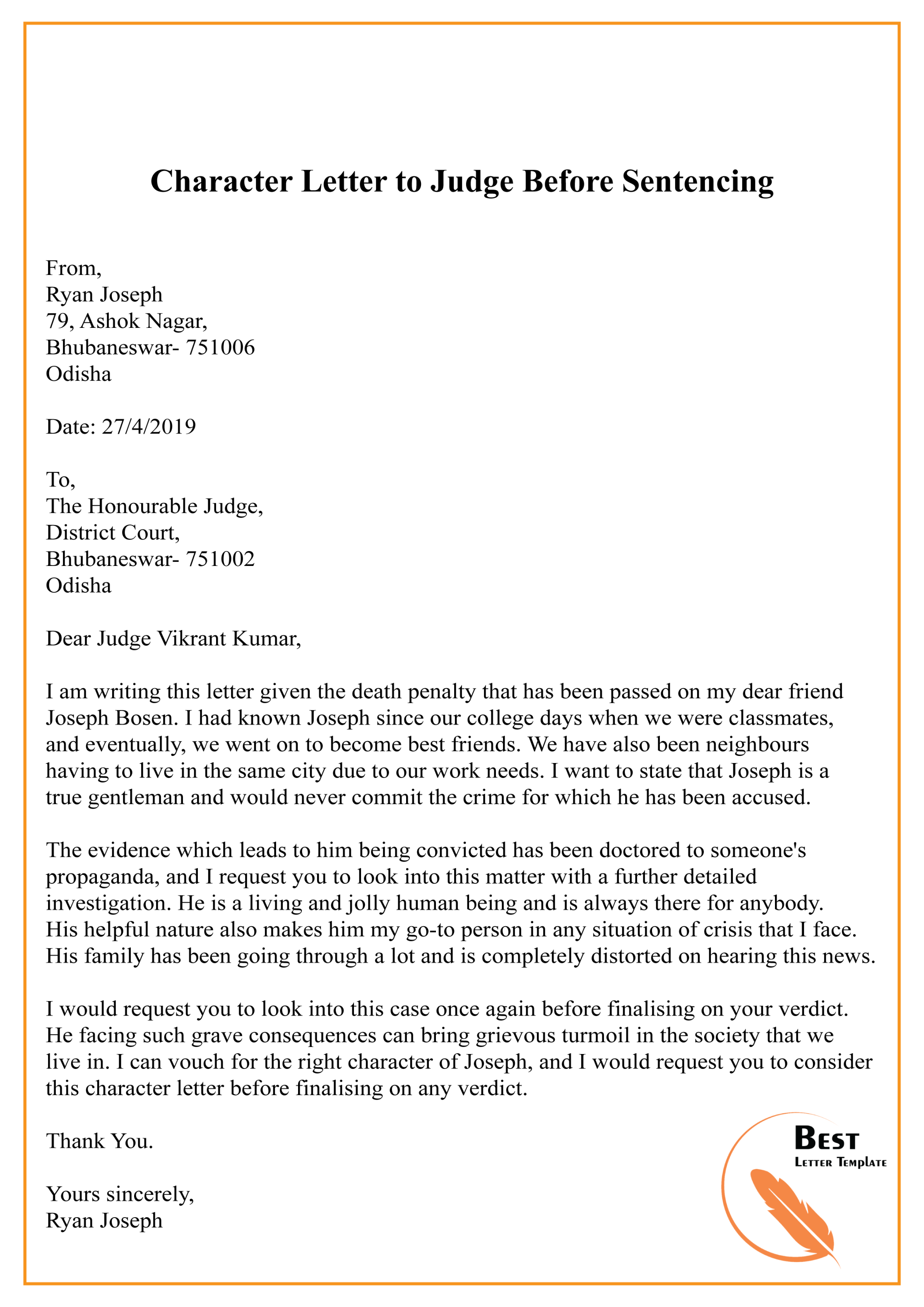 Awesome Sample Character Letter To Judge Before Sentencing And Review