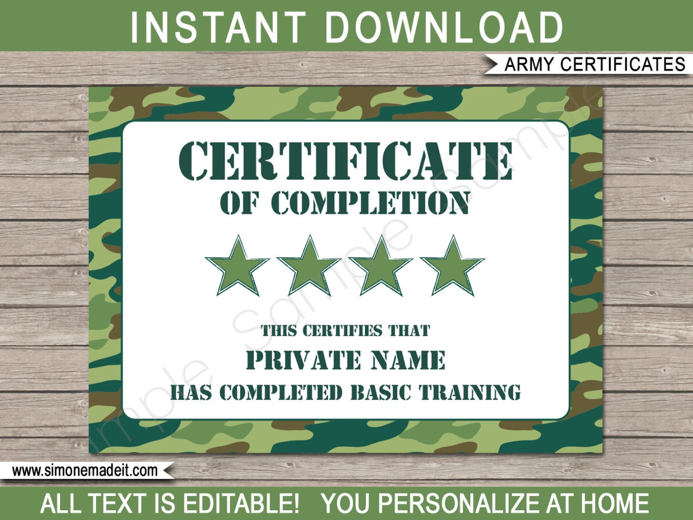 Boot Camp Certificate of Completion Template - Printable Green Camo Army  Basic Training Theme Birthday Party Favors - EDITABLE TEXT DOWNLOAD