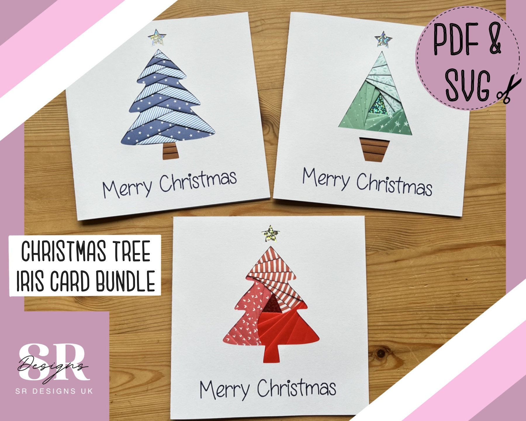 Christmas Tree Iris Folding Pattern Template Bundle PDF & SVG