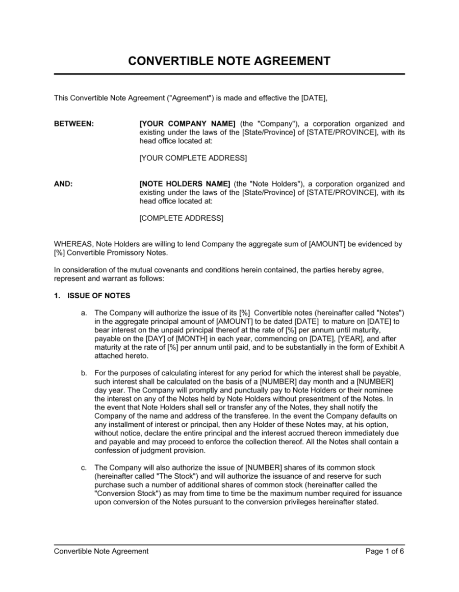 Convertible Note Agreement Template  [Download