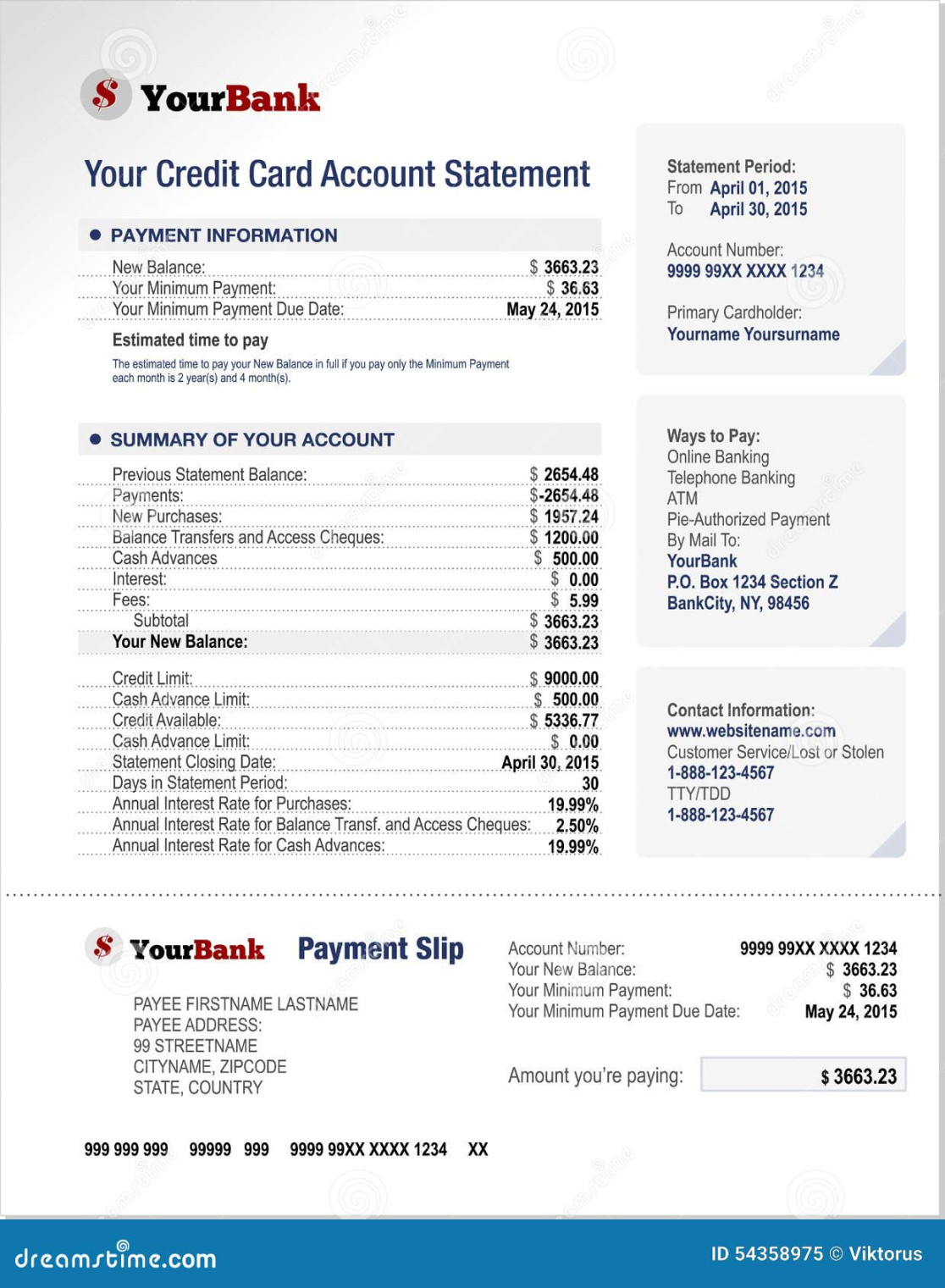 Credit Card Bank Account Statement Template Stock Vector